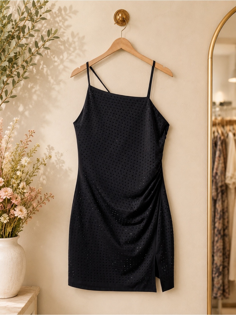 Mango Asymmetrical Rhinestone Mini Dress Black Size 8 New